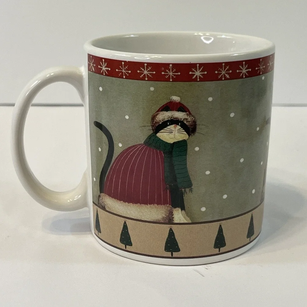 Oneida Holiday Cats Coffee Cup Mug Christmas Fiddlestix Red Sweater Trees Snow